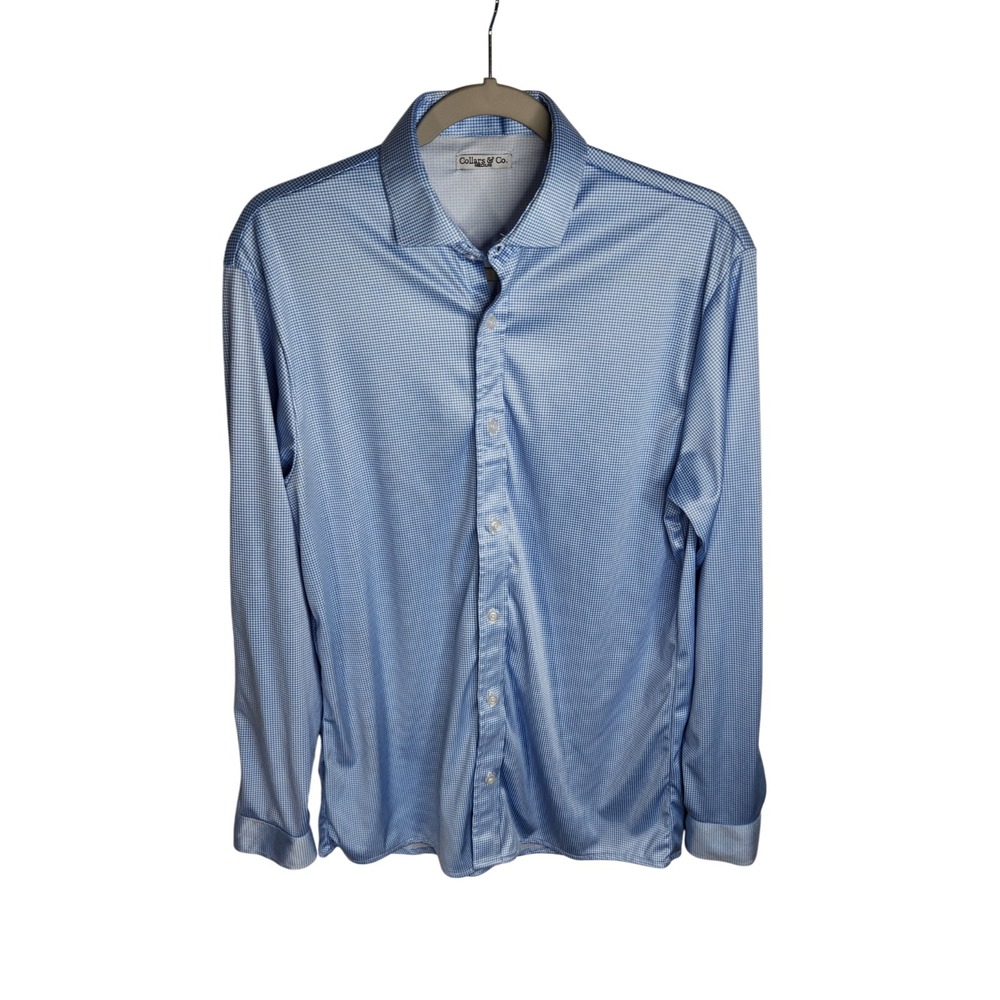 Collars & Co Quattro Flex Shirt Men's Medium Blue White Houndstooth Dress Collar